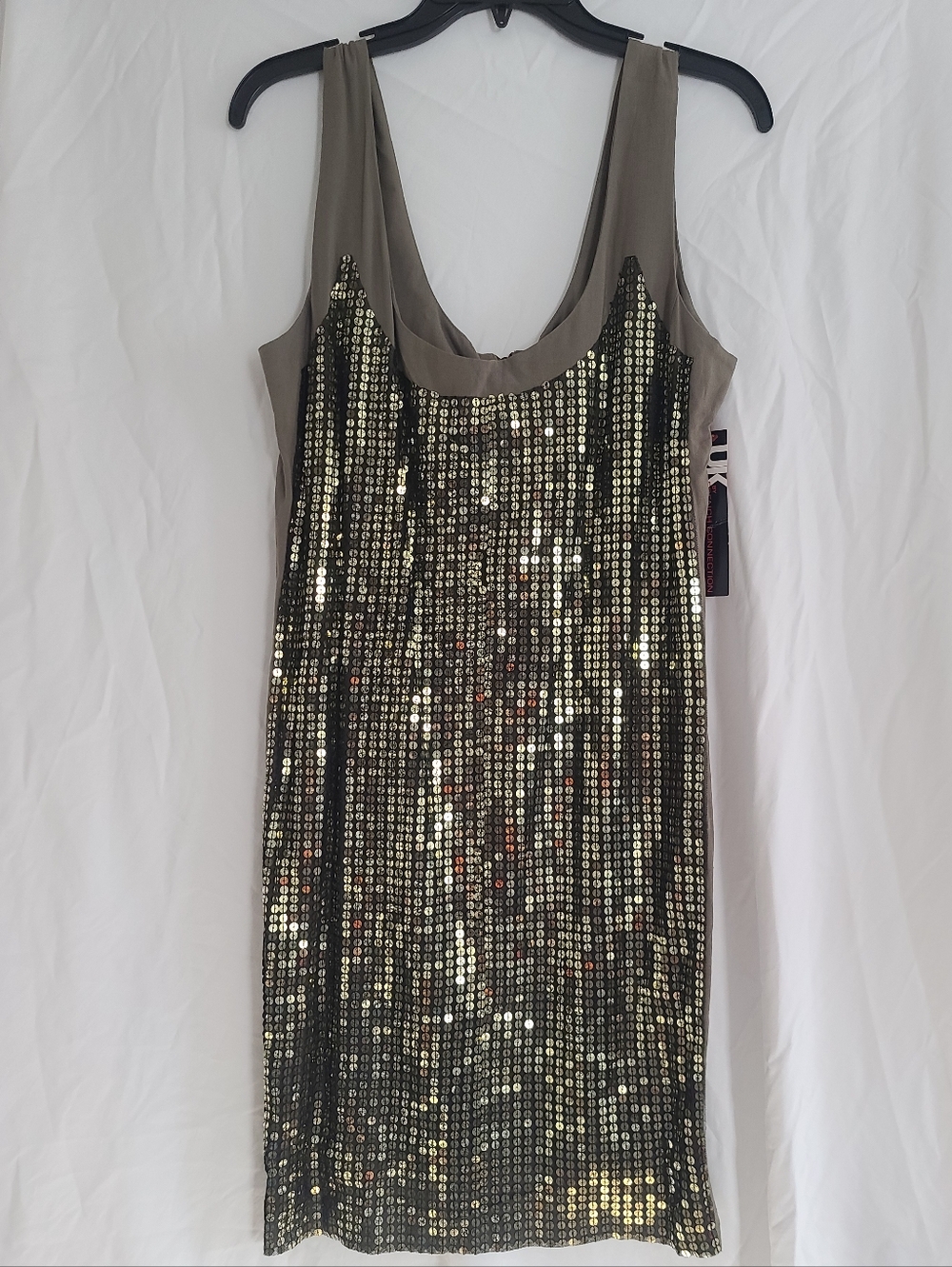 NWT French Connection UK Style Gold Sequin-front Tank Dress in Fatigue